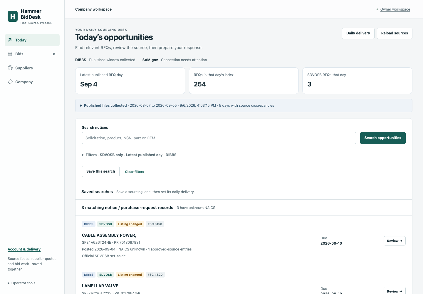 The working Hammer BidDesk sourcing workspace